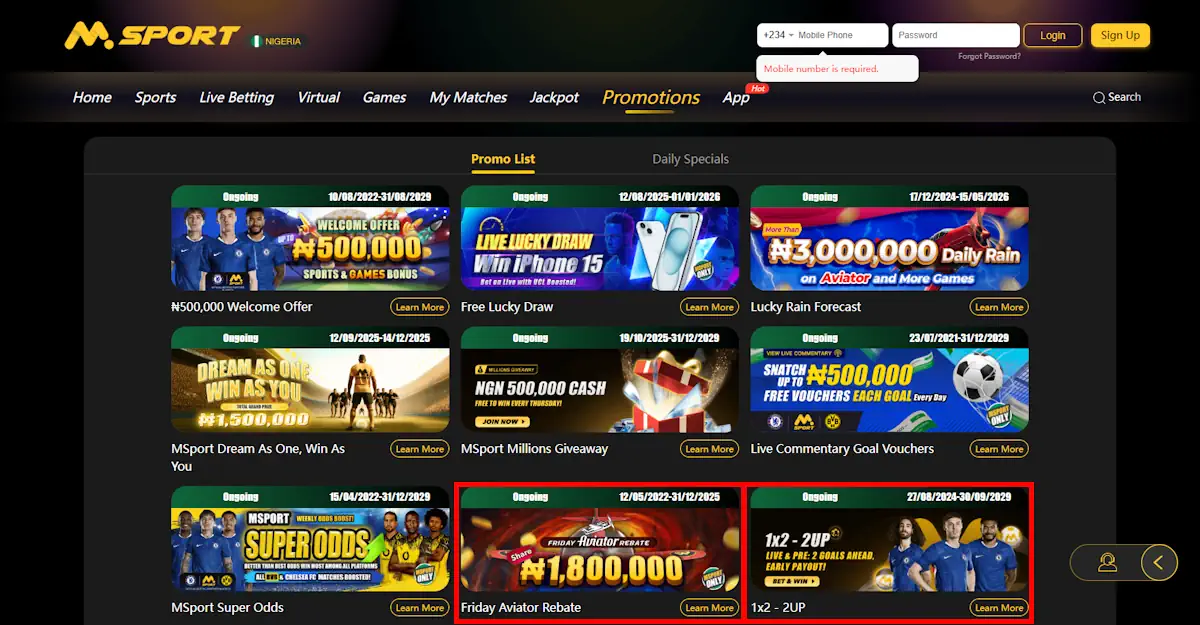 Msport Friday Aviator Rebate bonuse and 2 Goals Ahead Early Payout feature Screenshot